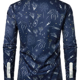 Meeste Ilutulestik Puhkus Uusaasta Peo Nööbiga Sinine Pikakä sleeves Särk