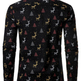 Meeste Jõulupuu Põder Prindiga Hingav Must Pikakä sleeves Särk