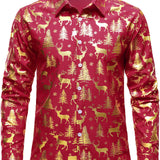 Meeste Kuldne Jõuluvana Põhjapõdra Festiivne Prindi Punane Pikakäised Särk