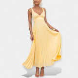 Vestido maxi plissado amarelo