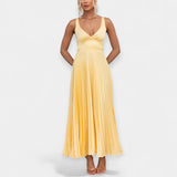 Vestido maxi plissado amarelo