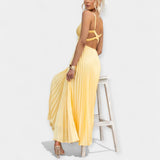 Vestido maxi plissado amarelo