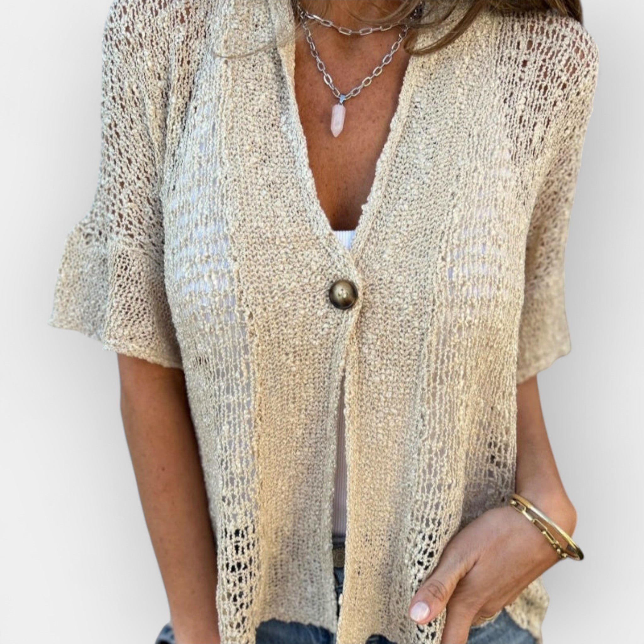 Kootud topp V-kaelusega ja nööbiga